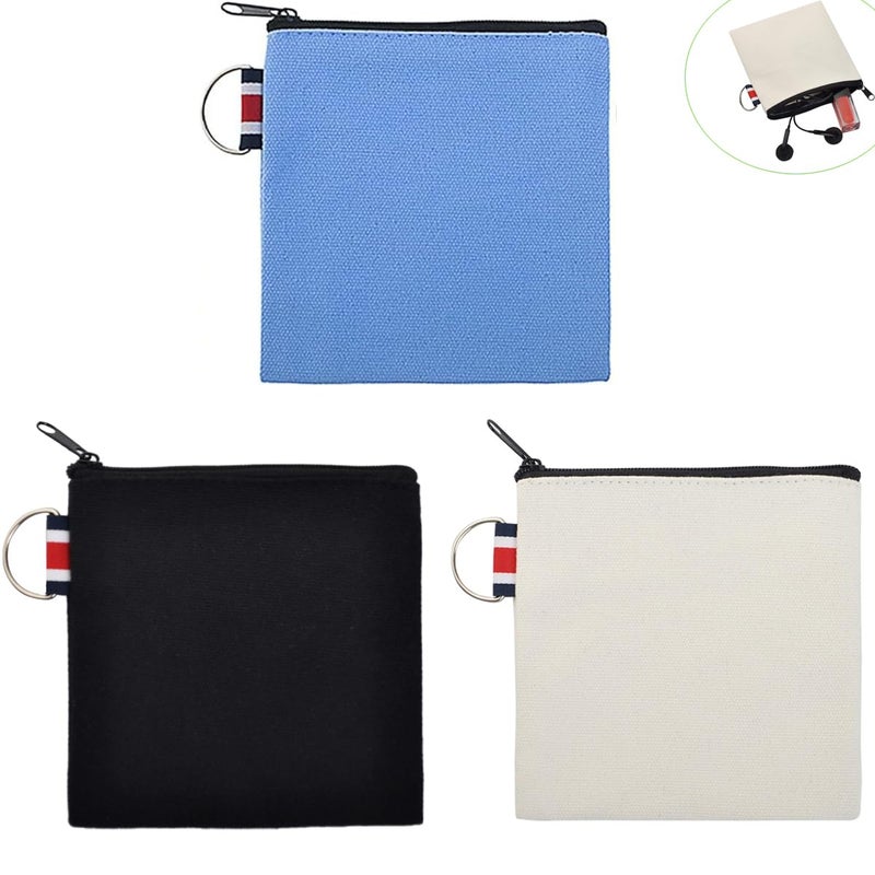 DraCra 3 Pack Small Canvas Zipper Pouch with Hanging Ring Square Pocket Carrying Purse Travel Storage Organizer Case Mini Toiletry Bag for Makeup Lipstick Cosmatic Change Coins Earphone Charger Cable - Image 1